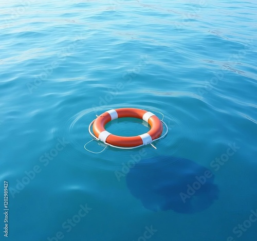 Orange and white life preserver floating on blue water