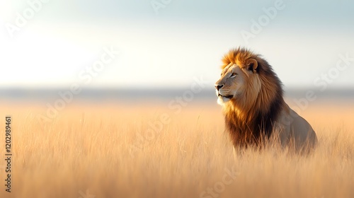 Majestic African lion sits in tall savanna grass at sunrise, serene landscape background; wildlife documentary, travel brochure photo