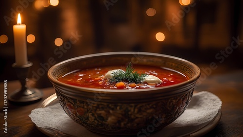  Borscht, a famous dish from Ukraine. A historic castle dining room with ornate decor, candelabras photo