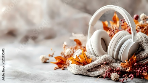 Autumnal headphones on cozy knit scarf with fall leaves; tranquil background for blog or website