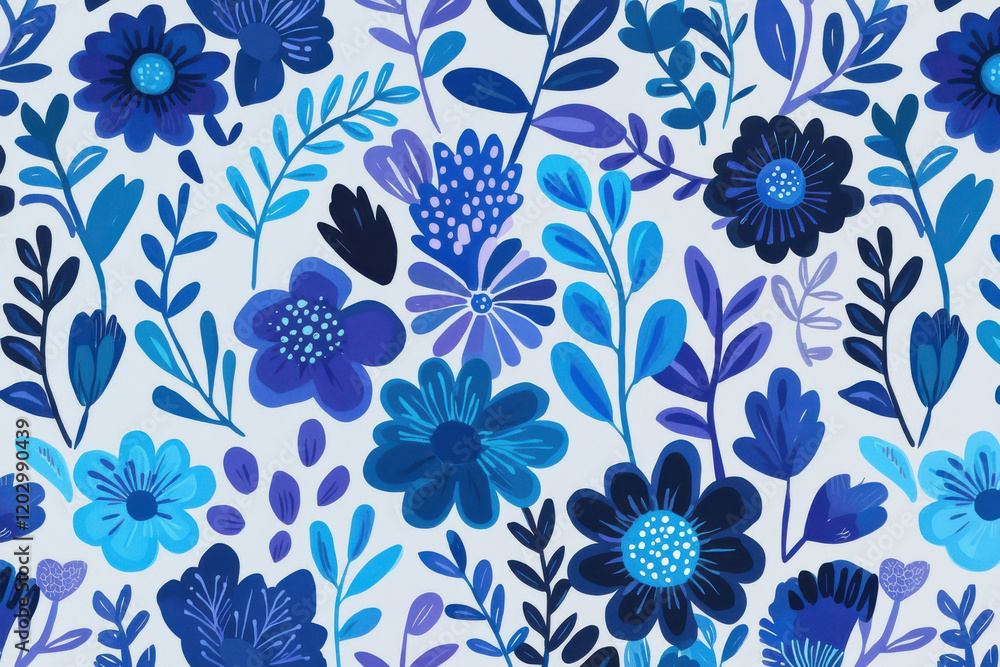 Blue floral pattern with hand drawn details, featuring various flowers and leaves vibrant shades of blue light background Blue floral pattern with hand drawn details, featuring various flowers and leaves vibrant shades of blue light background