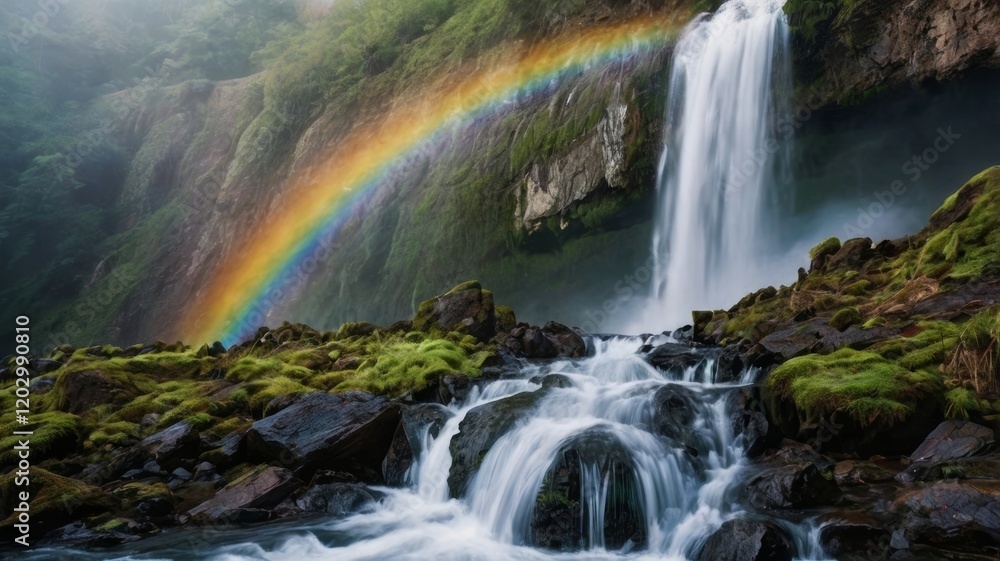 Fototapeta premium A breathtaking waterfall cascading amidst lush greenery and a vibrant rainbow