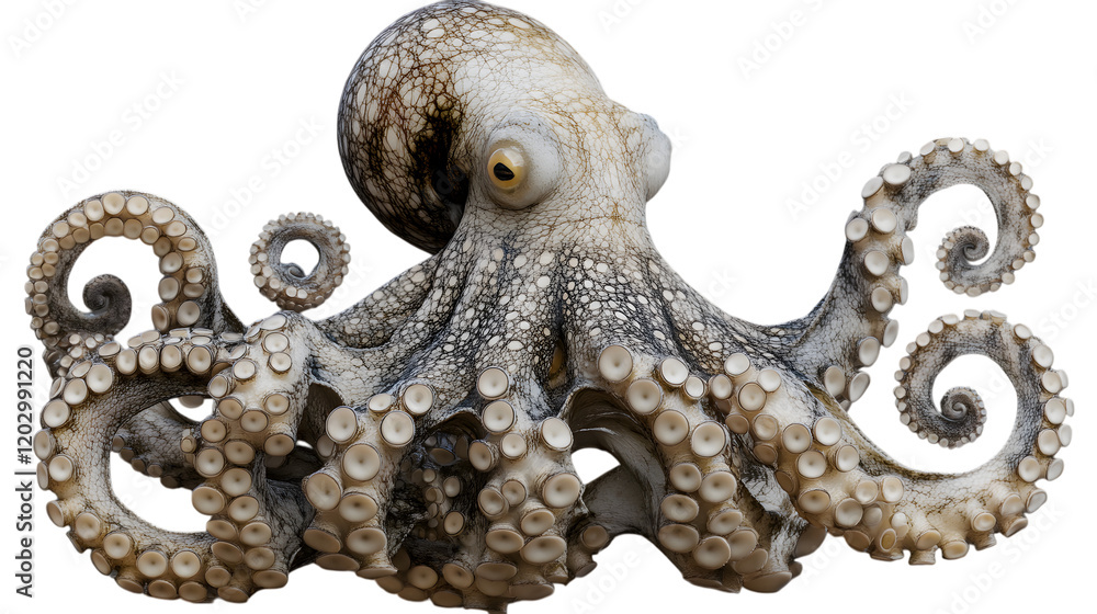 Obraz premium A giant octopus with its tentacles extending outward in dynamic curls, filling 70 percent of the frame with fine textures on a transparent background