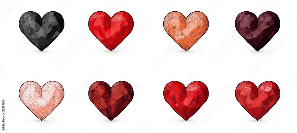 Fototapeta premium Polygonal heart icons in various colors and shades, showcasing modern geometric design