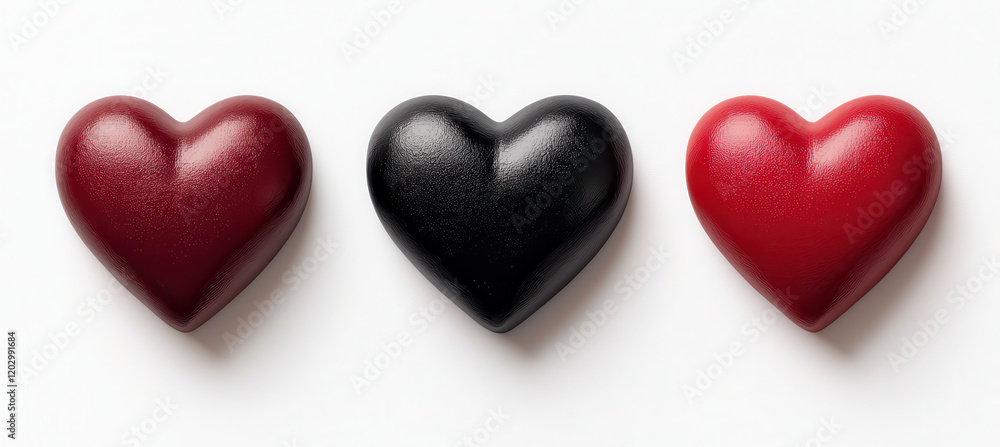Fototapeta premium Three heart shaped objects in red and black arranged in row on white background