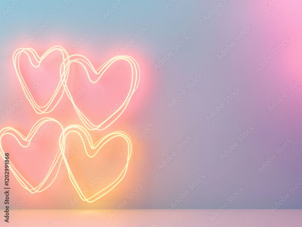 Glowing neon heart shapes on pastel gradient background, creating romantic and dreamy atmosphere Glowing neon heart shapes on pastel gradient background, creating romantic and dreamy atmosphere