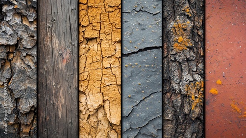 A close-up of various textured bark surfaces displaying different colors and patterns, highlighting natural wood variations. photo