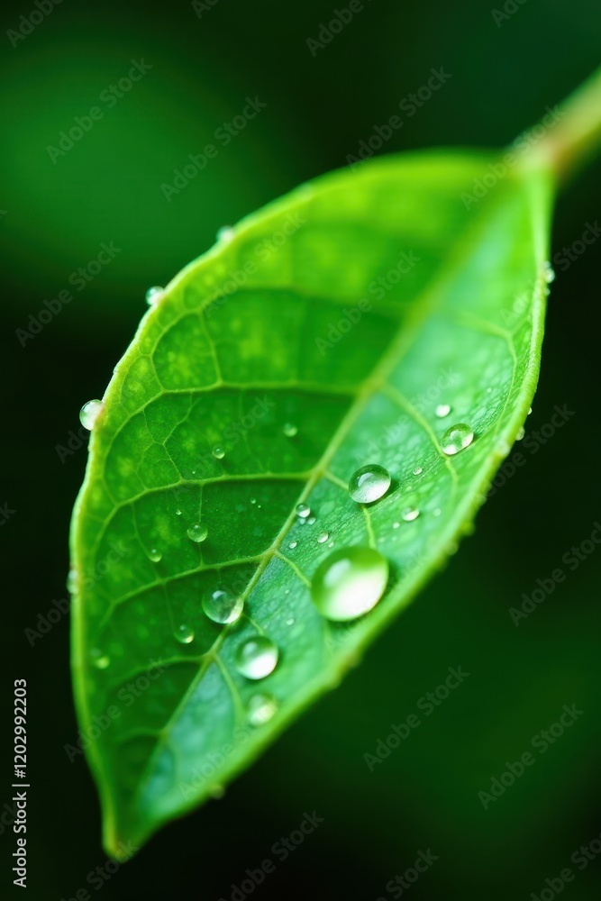 Fototapeta premium Close-up of tiny water droplets on a single green leaf with juicy lime , lime, drops, leaf