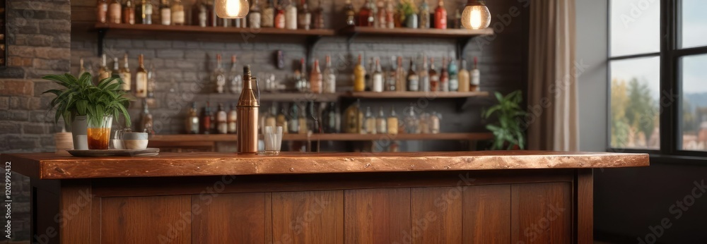 Bar counter with a wooden stool and a copper top in a cozy lounge, wooden stool, copper bar top, Bar counter with a wooden stool and a copper top in a cozy lounge, wooden stool, copper bar top,