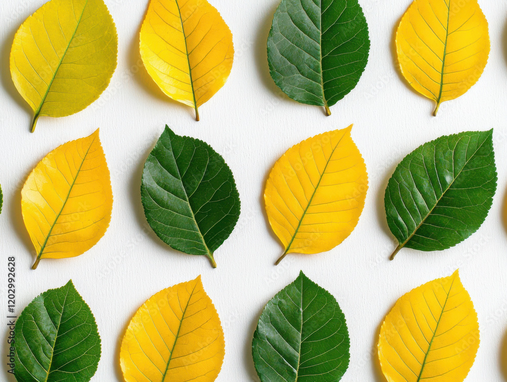 Obraz premium Yellow and green leaves arranged in symmetrical pattern on white background, creating vibrant and natural design