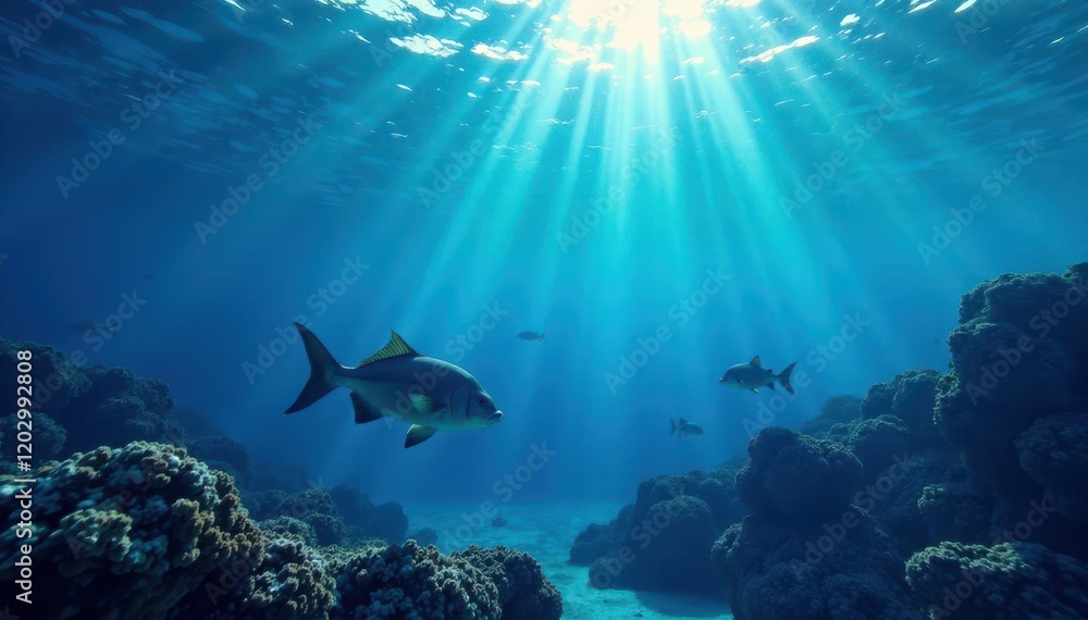 Naklejka premium Deep ocean water with fish swimming in blue striped background, fish, water