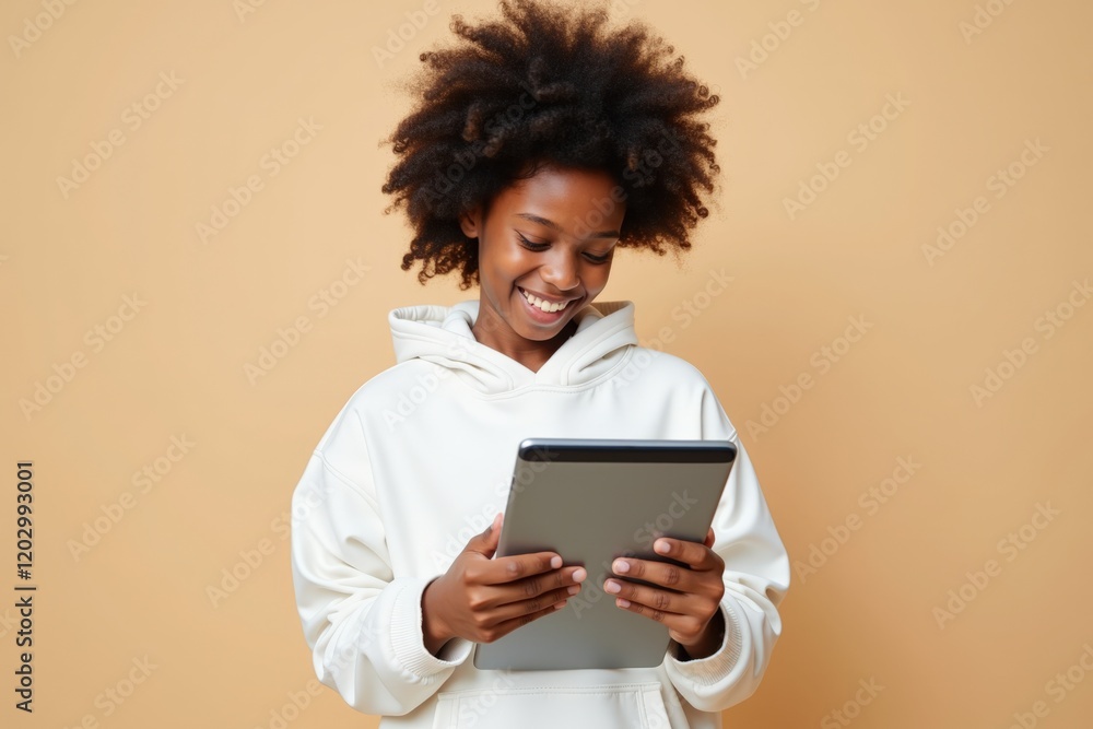 Smiling Young Woman Using Tablet in Casual Outfit Against Orange Background - Modern Lifestyle and Technology Concept Smiling Young Woman Using Tablet in Casual Outfit Against Orange Background - Modern Lifestyle and Technology Concept