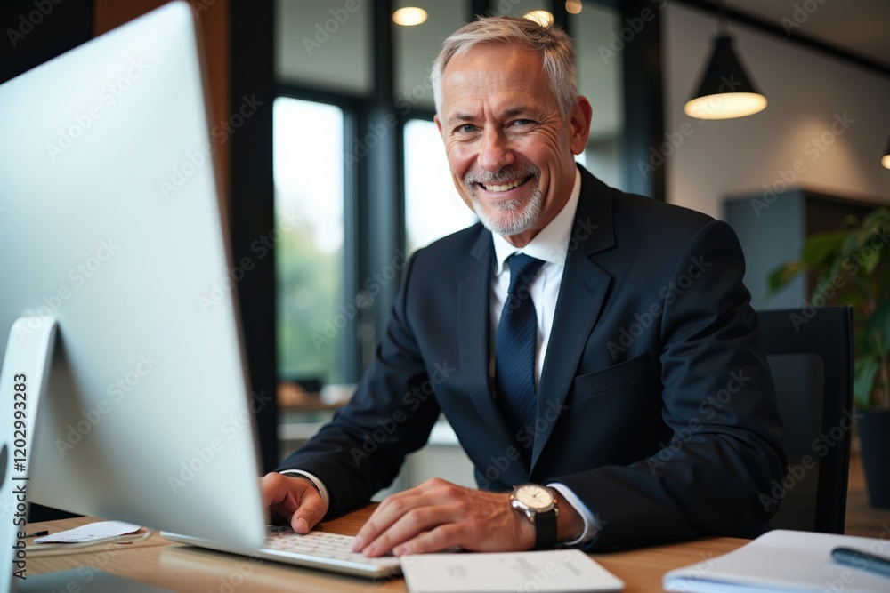 Smiling Middle-Aged Businessman Wearing Suit Working in Modern Office on Desktop Computer with Natural Light Streaming Through Large Windows Smiling Middle-Aged Businessman Wearing Suit Working in Modern Office on Desktop Computer with Natural Light Streaming Through Large Windows
