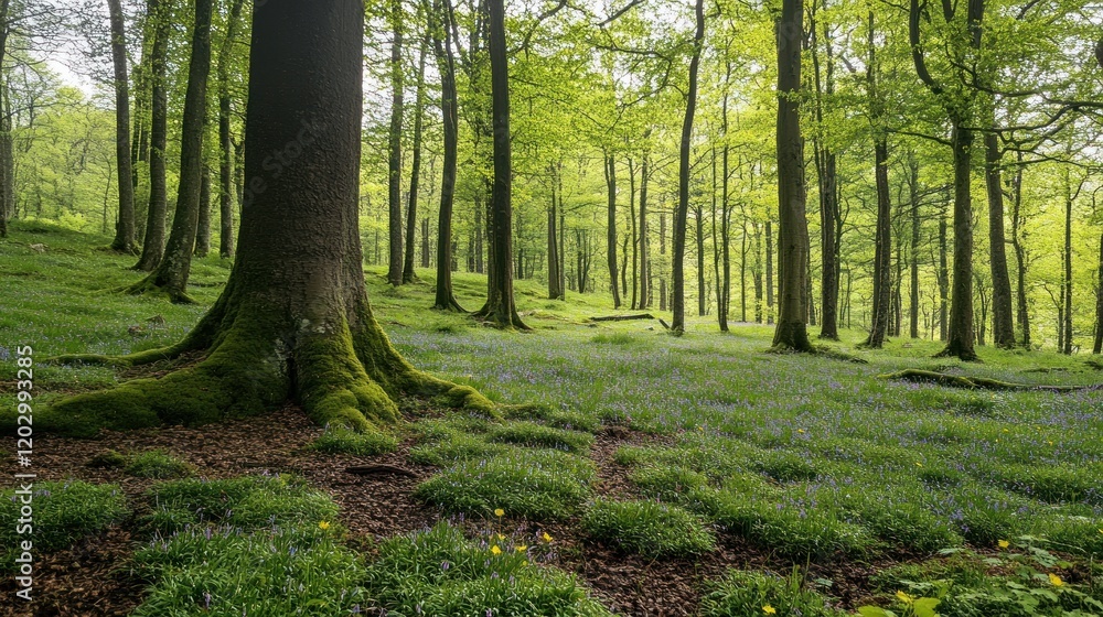 Mossy Trees and Bluebells in a Spring Forest Mossy Trees and Bluebells in a Spring Forest