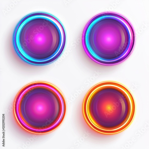 Vibrant glowing circular designs with dynamic lens flares in neon blue, purple, and orange hues on white background