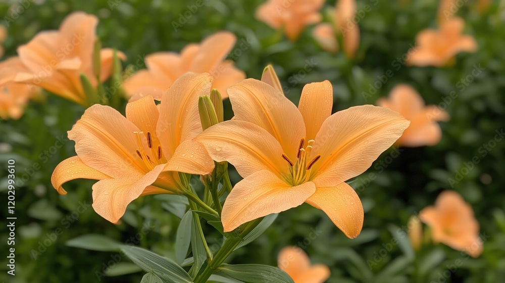 A bunch of orange flowers with a few drops of water on them A bunch of orange flowers with a few drops of water on them