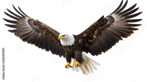 A majestic eagle in a landing pose with wings partially spread, its sharp talons visible, occupying 75 percent of the image on a transparent background 