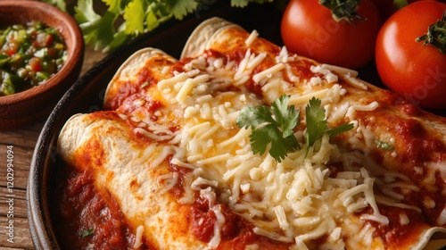 Traditional Mexican enchiladas with cheese and salsa. Featuring a spicy and cheesy dish. Highlighting the texture and flavors of the enchiladas. Ideal for food and cultural themes. photo