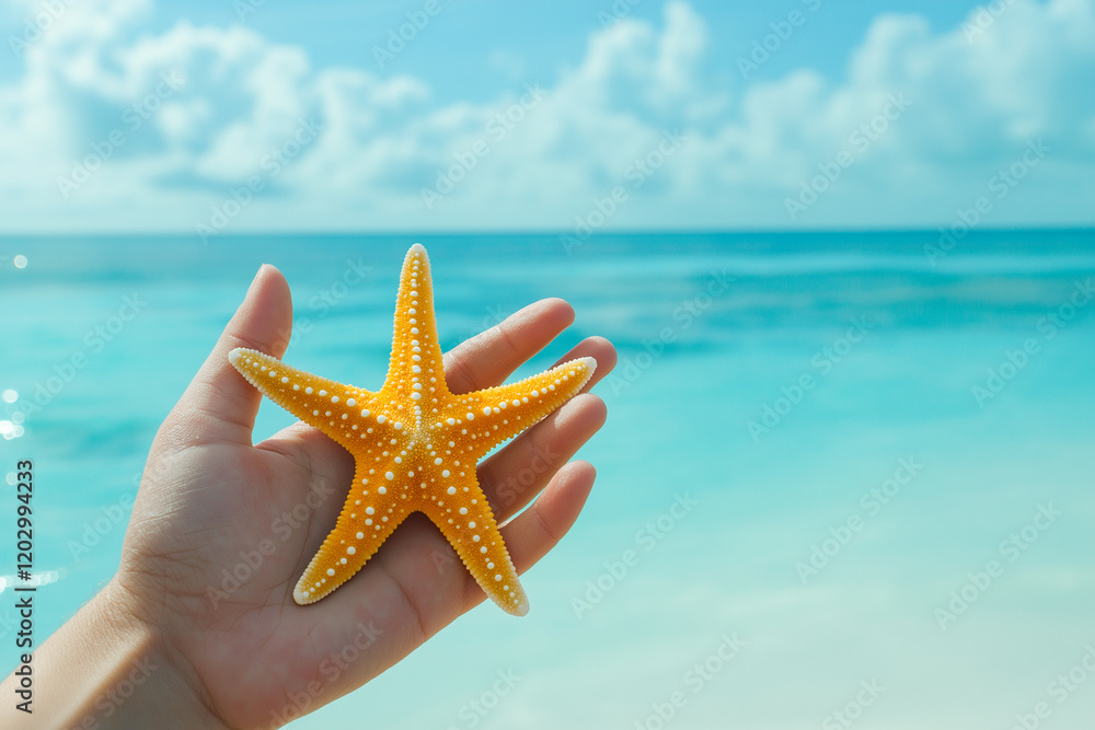 Woman holding yellow starfish on tropical beach with turquoise water and cloudy sky Woman holding yellow starfish on tropical beach with turquoise water and cloudy sky