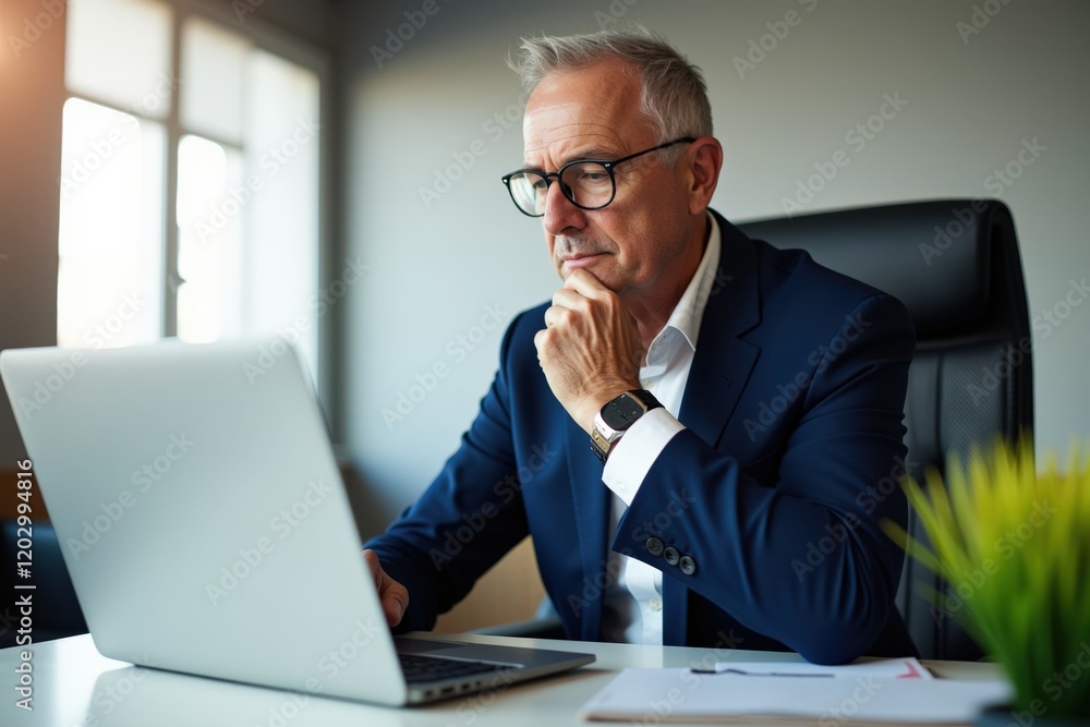 Professional Senior Businessman in Modern Office Working on Laptop, Analyzing Financial Data, Reflecting on Investment Strategies, and Planning for Future Growth Professional Senior Businessman in Modern Office Working on Laptop, Analyzing Financial Data, Reflecting on Investment Strategies, and Planning for Future Growth