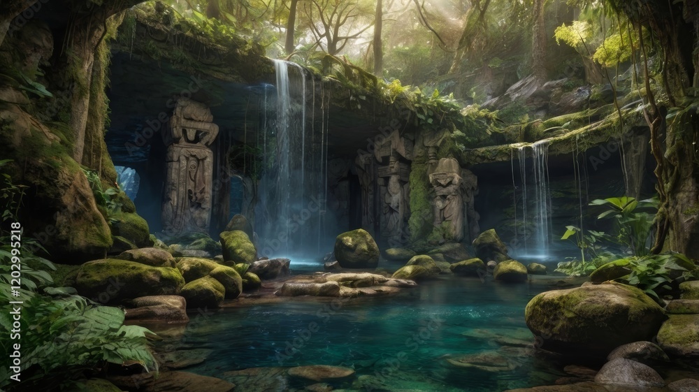 Fototapeta premium Enchanting hidden jungle waterfall with ancient stone carvings and crystal clear water