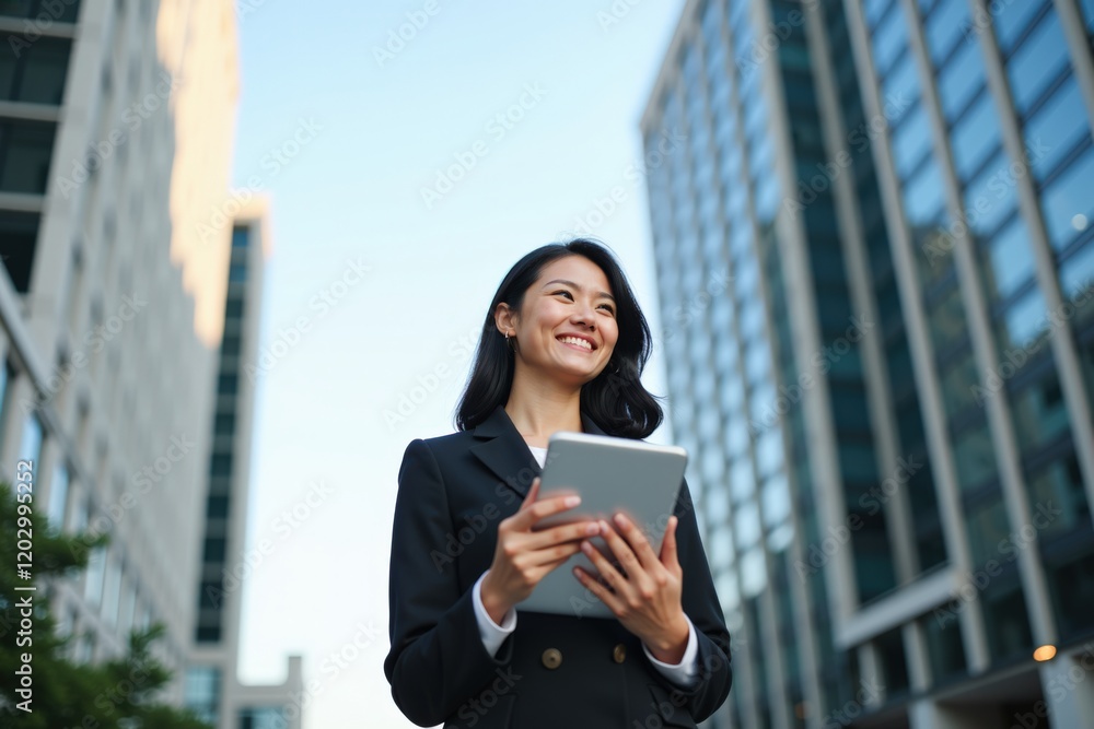 Fototapeta premium Confident Businesswoman Smiling and Using Tablet in Urban Environment Surrounded by Modern Skyscrapers on a Bright Day