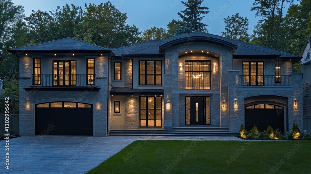 Modern Stone House Illuminated at Night Modern Stone House Illuminated at Night