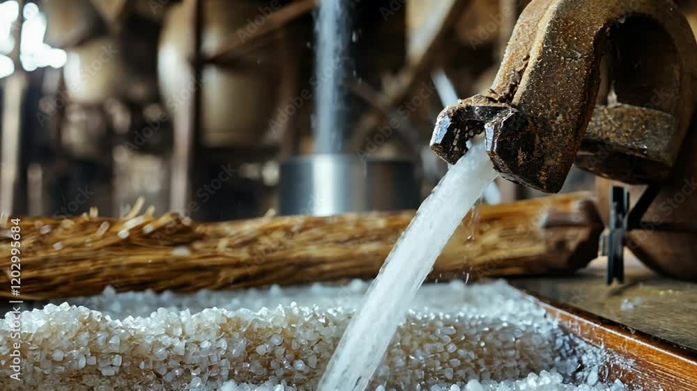 Sugar flows out of the pipe into a pile of white sugar. Sugar flows out of the pipe into a pile of white sugar.