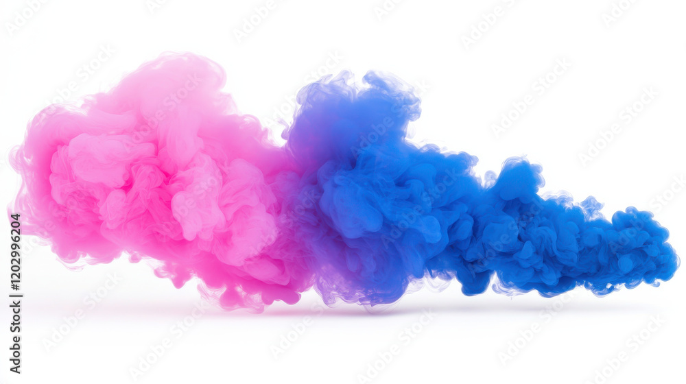 Fototapeta premium Pink and blue smoke clouds blending in gradient on clean white background