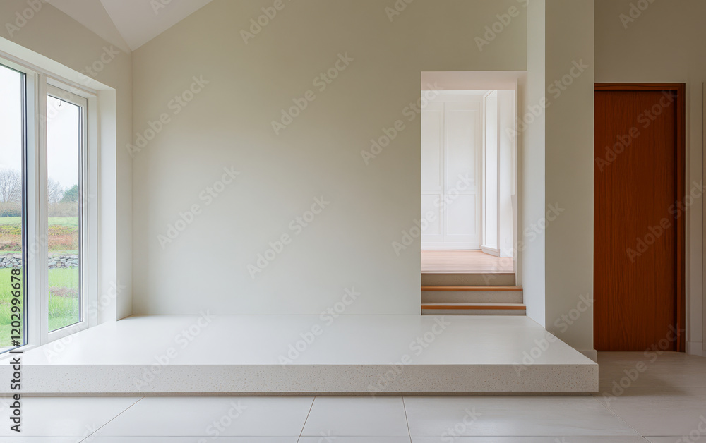 Spacious modern interior showcasing minimal design with natural light from large windows Spacious modern interior showcasing minimal design with natural light from large windows