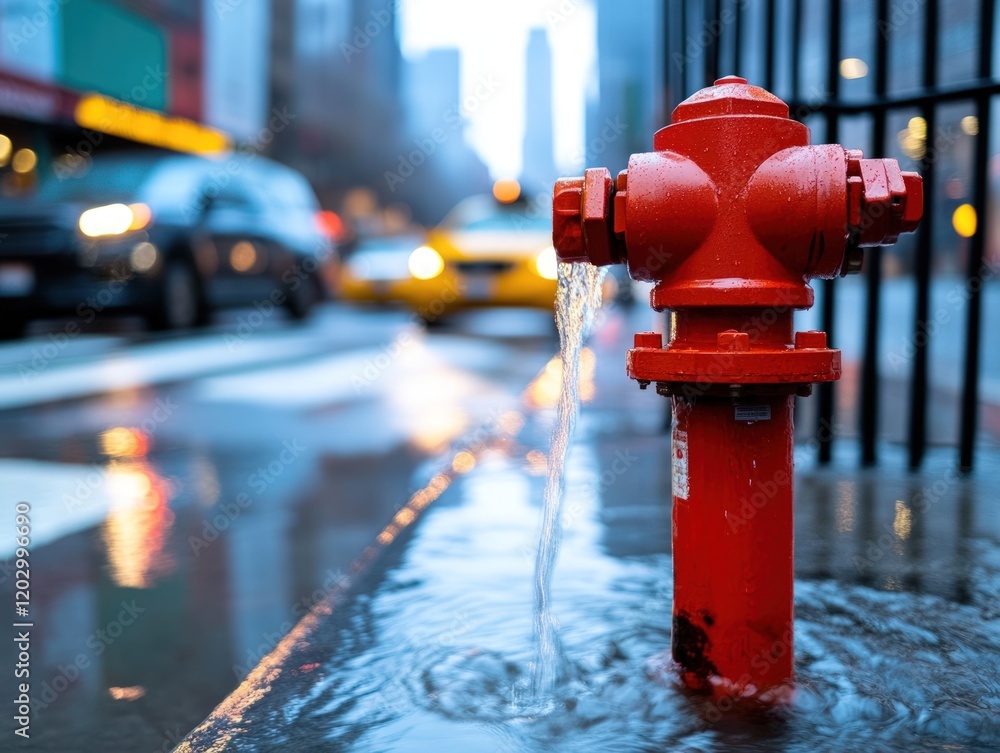 Leaking Fire Hydrant on a Rainy City Street Leaking Fire Hydrant on a Rainy City Street