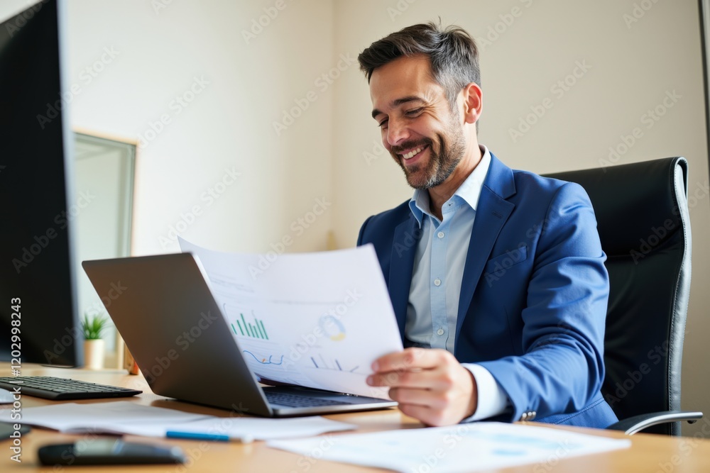 Smiling Businessman Analyzing Reports on Laptop at Modern Office Desk, Showcasing Productivity and Financial Success with Graphs and Charts Smiling Businessman Analyzing Reports on Laptop at Modern Office Desk, Showcasing Productivity and Financial Success with Graphs and Charts