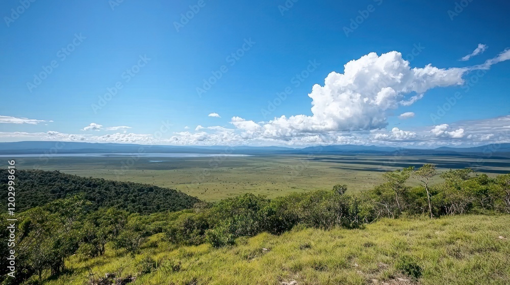 Fototapeta premium Vast Savanna Landscape Under Blue Sky