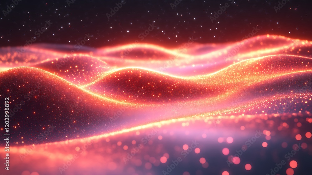Obraz premium Glowing Red Particles Form Wavy Landscape