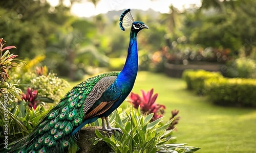 Wallpaper Mural A vibrant peacock stands amidst lush greenery in a serene garden setting. Torontodigital.ca