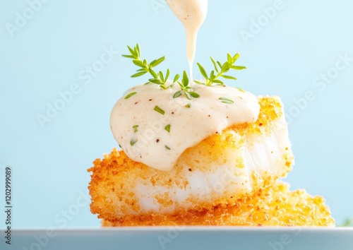 Culinary Aesthetics of National Tartar Sauce Day Creamy Textures on Crispy Fish Fillets - Celebrating Modern Seafood Artistry and Spring Festival Dining Experience photo