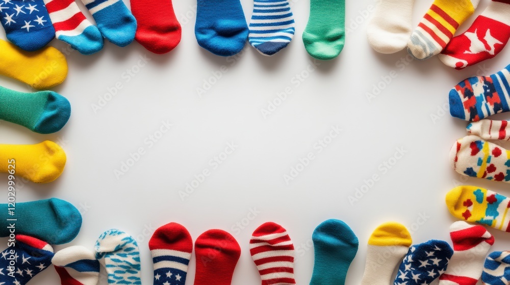Obraz premium Colorful assortment of patterned socks arranged in a circular layout on a white background