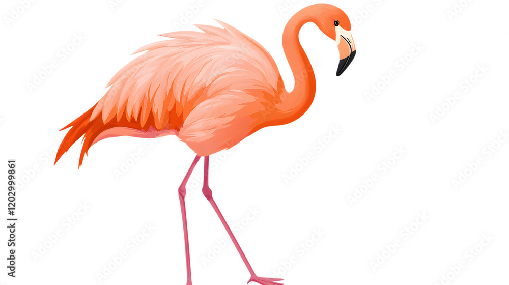 Fototapeta premium A vibrant flamingo standing with one leg raised, its striking pink feathers dominating 60 percent of the frame on a transparent background