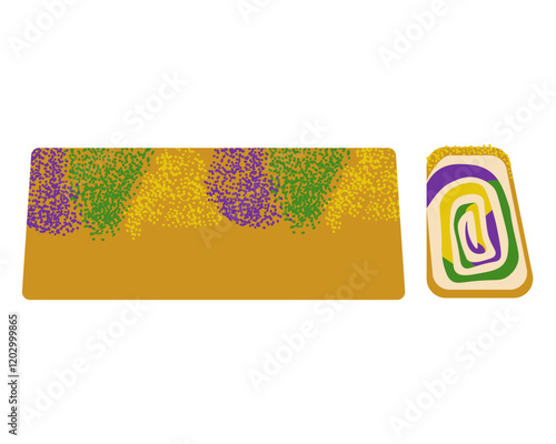 King Cake traditional pastry for Mardi Gras, side view roll with three-color sprinkles on top for menu or poster design