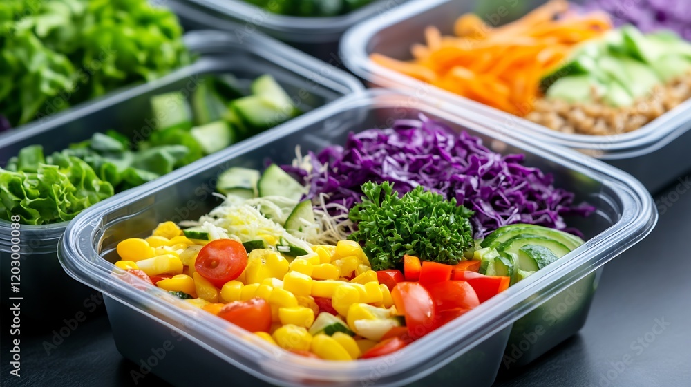 Prepared veggie salads in containers. Healthy meal prep Prepared veggie salads in containers. Healthy meal prep