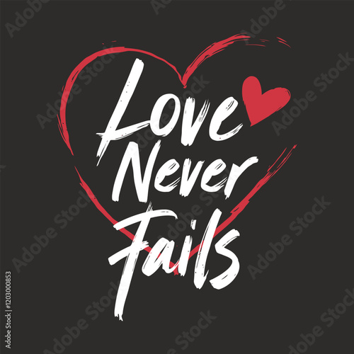 Heart-shaped illustration with red accents and handwritten-style text 'Love Never Fails' on dark background