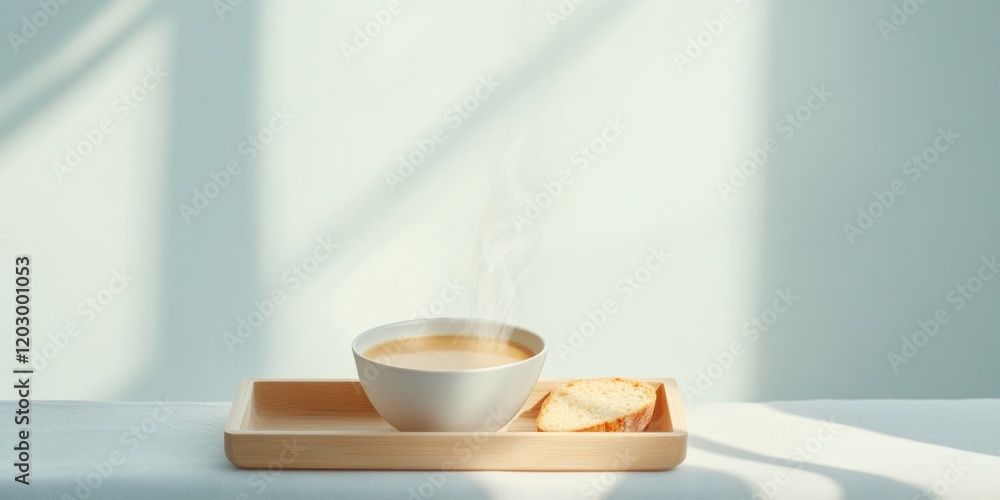 Rustic Minimalist Table Setting Creamy Pumpkin Soup and Crusty Bread on Wooden Tray - Hygge-Inspired Culinary Art and Seasonal Dining Experience Rustic Minimalist Table Setting Creamy Pumpkin Soup and Crusty Bread on Wooden Tray - Hygge-Inspired Culinary Art and Seasonal Dining Experience