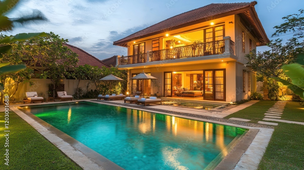 Luxurious Villa with Pool and Evening Lighting Luxurious Villa with Pool and Evening Lighting