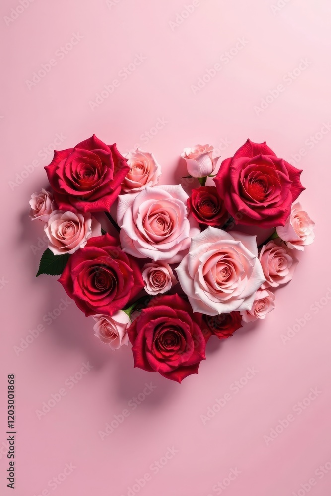 Heart made of pink and red roses on a pastel pink background with soft focus effect, pastel colors, rose heart Heart made of pink and red roses on a pastel pink background with soft focus effect, pastel colors, rose heart