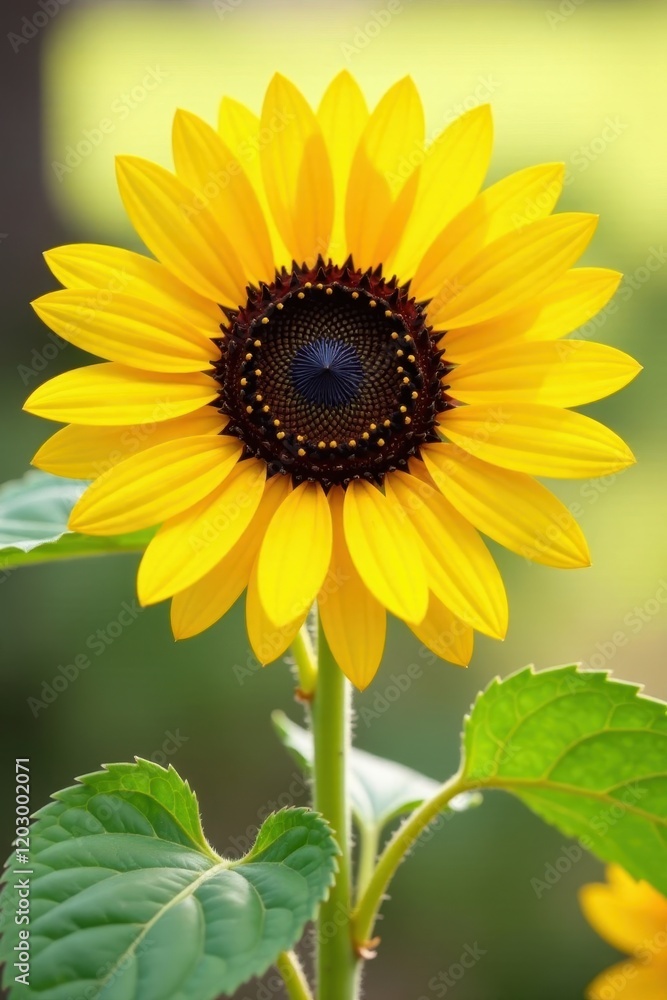 Fototapeta premium large bright yellow sunflower with big dark brown center, blossoms, yellow
