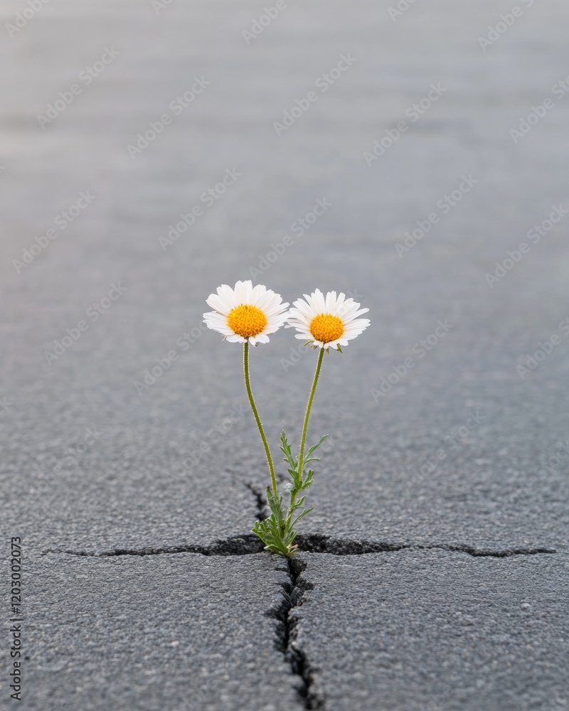 Naklejka premium Resilient Urban Flora Vibrant Wildflowers Breaking Through Concrete Textures - Inspiring Eco Marketing and Sustainable Urban Planning Visuals