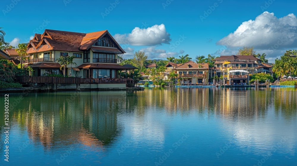 Fototapeta premium Luxurious Waterfront Homes Reflecting In Calm Water