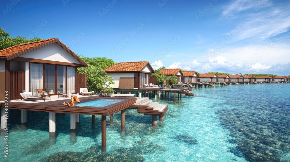 Overwater bungalows line a tropical turquoise lagoon Overwater bungalows line a tropical turquoise lagoon