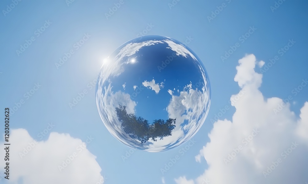 Reflective sphere mirroring sky, clouds, and sun. Reflective sphere mirroring sky, clouds, and sun.