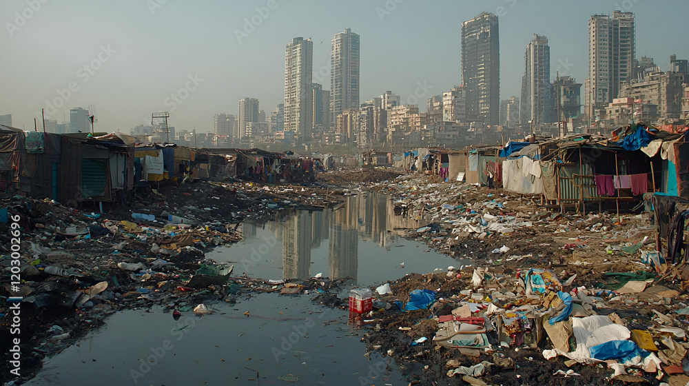 Obraz premium Slums reflect modern city skyline, India